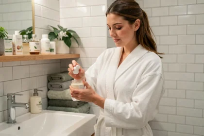 Femme appliquant une crème naturelle apaisante dans une salle de bain épurée, geste de soin intime quotidien