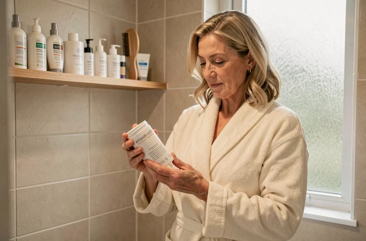 Femme appliquant un soin capillaire spécialisé pour limiter la chute des cheveux pendant la chimiothérapie