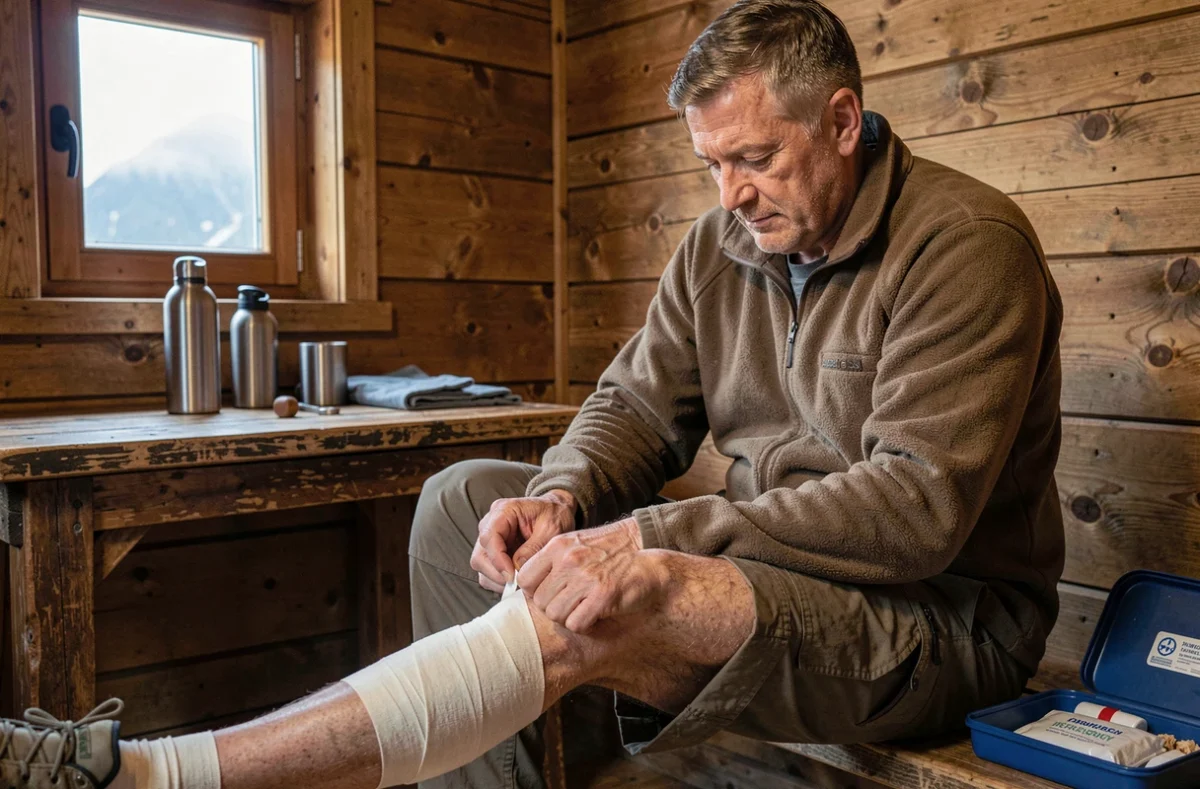 Randonneur bandant son mollet contracturé à l'intérieur d'un refuge de montagne avec une trousse de premiers secours