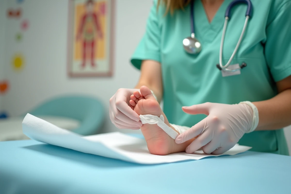 Infirmière pédiatrique appliquant un pansement sur l'orteil d'un enfant après une procédure de la matrice unguéale