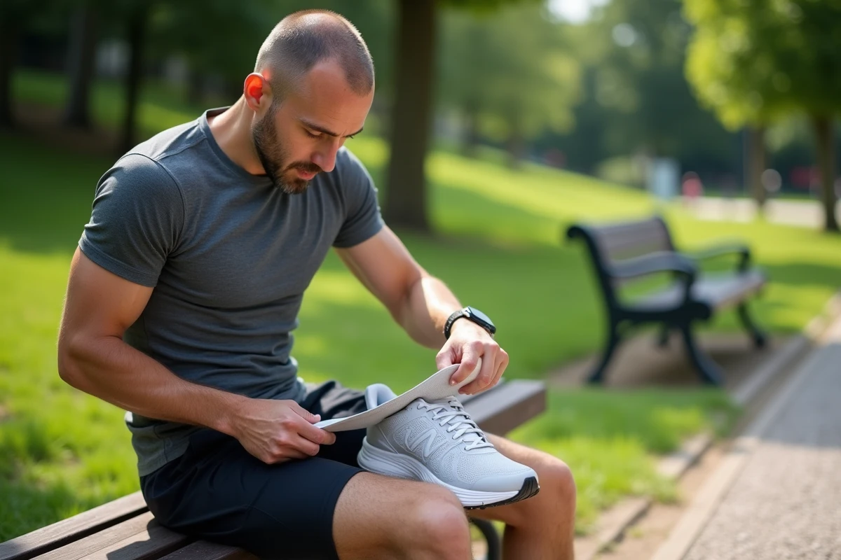 Homme sportif insérant une semelle thermoformée dans sa chaussure de running dans un parc urbain pour soulager une épine calcanéenne