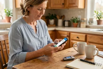 Femme d'âge mûr entrant ses relevés de glycémie dans une application de suivi santé sur smartphone à table de cuisine
