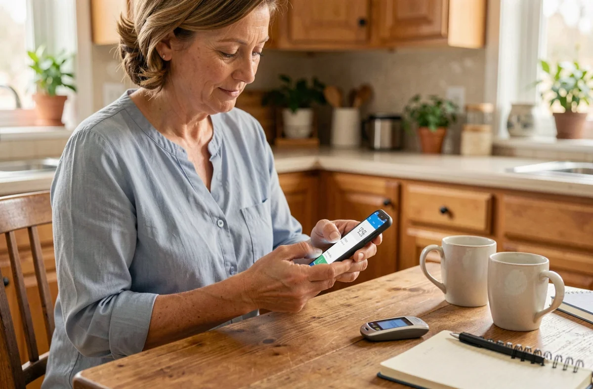 Femme d'âge mûr entrant ses relevés de glycémie dans une application de suivi santé sur smartphone à table de cuisine