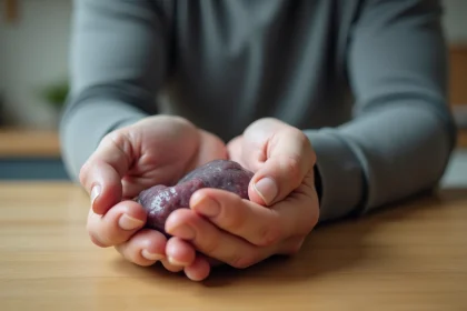 Main d'un homme avec un doigt annulaire gonflé, bleu et déformé posé sur une table en bois, symptôme d'un doigt cassé