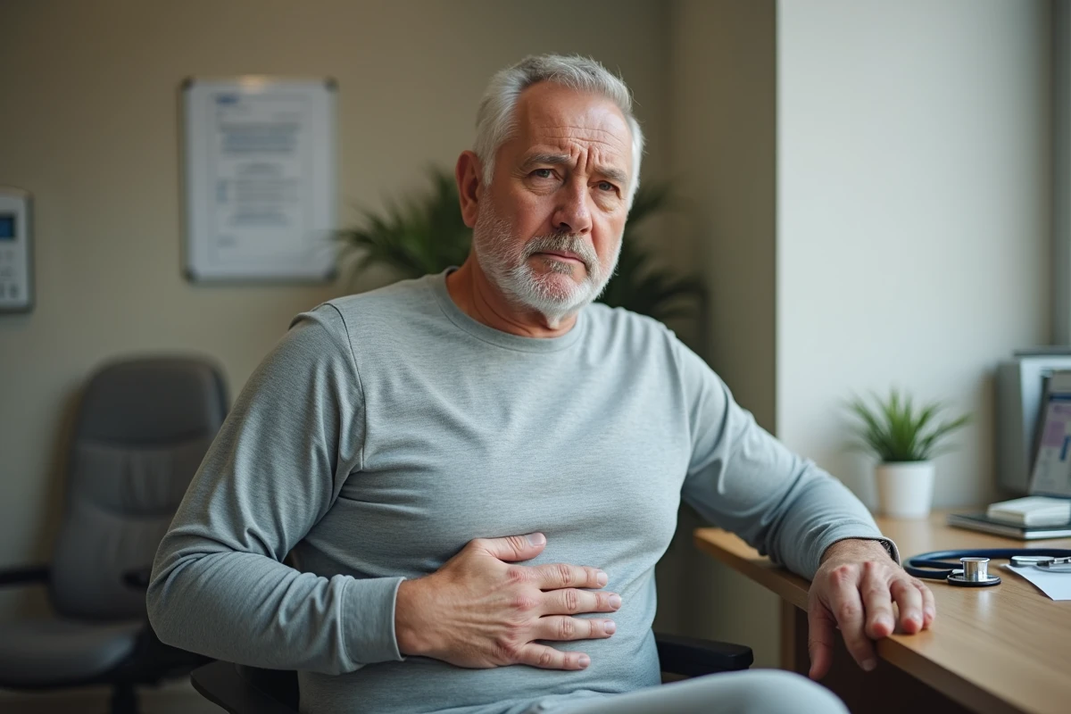 Homme d'âge mûr exprimant une douleur abdominale lors d'une consultation médicale, symptôme possible du cancer de l'estomac