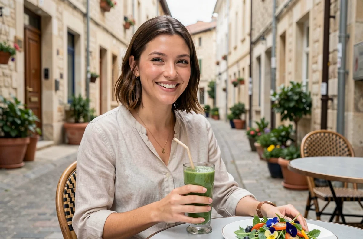 Jeune femme souriante dégustant un smoothie vert en terrasse d'un restaurant healthy à Nantes en Loire-Atlantique par une journée ensoleillée