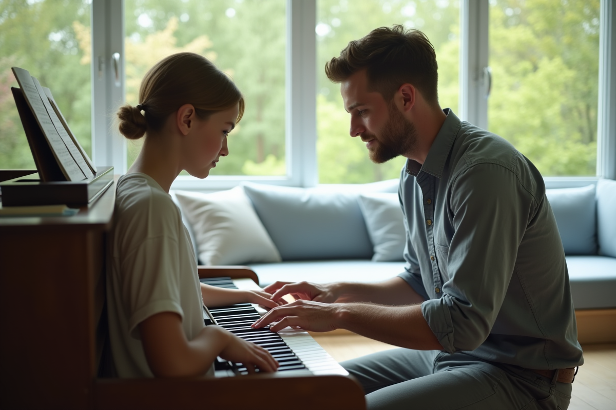 Thérapeute montrant une mélodie au piano avec un adolescent