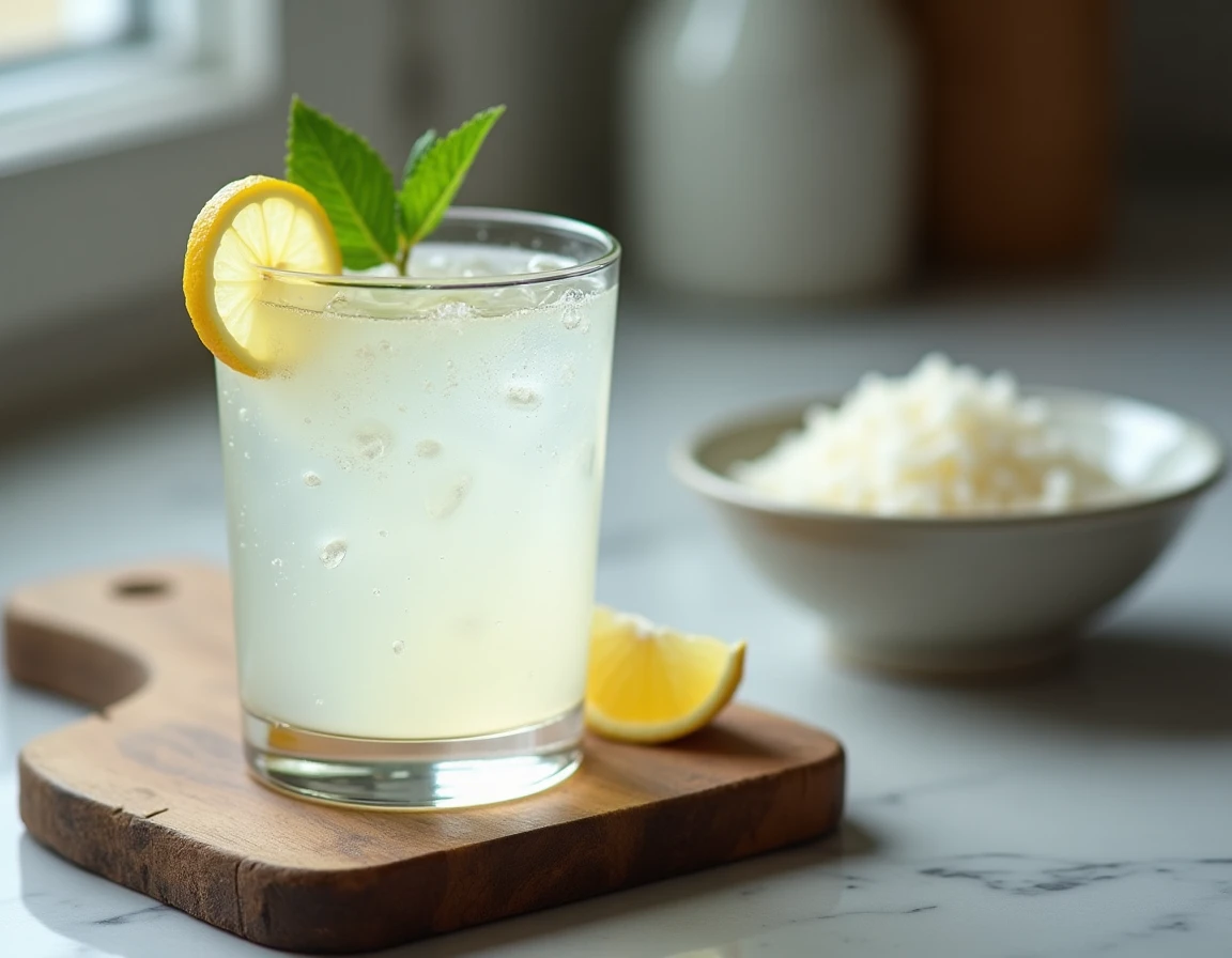Verre d'eau de riz agr&eacute;ment&eacute;e de citron et de menthe fra&icirc;che pos&eacute; sur un plan de travail en marbre gris