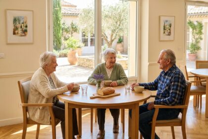 Résidents de la Villa des Poètes à Marseille partageant un repas convivial dans la salle à manger de la maison de retraite LNA Santé