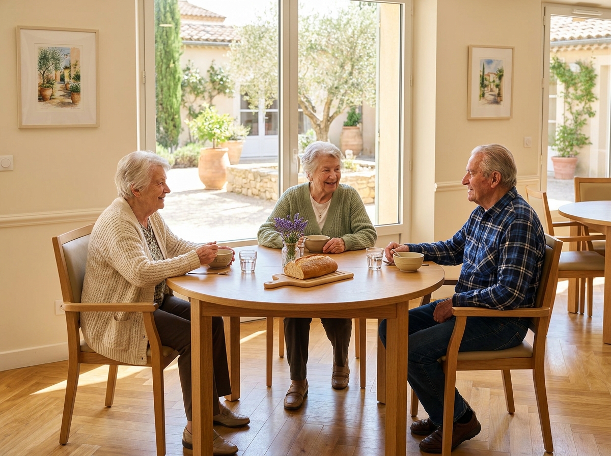 Résidents de la Villa des Poètes à Marseille partageant un repas convivial dans la salle à manger de la maison de retraite LNA Santé