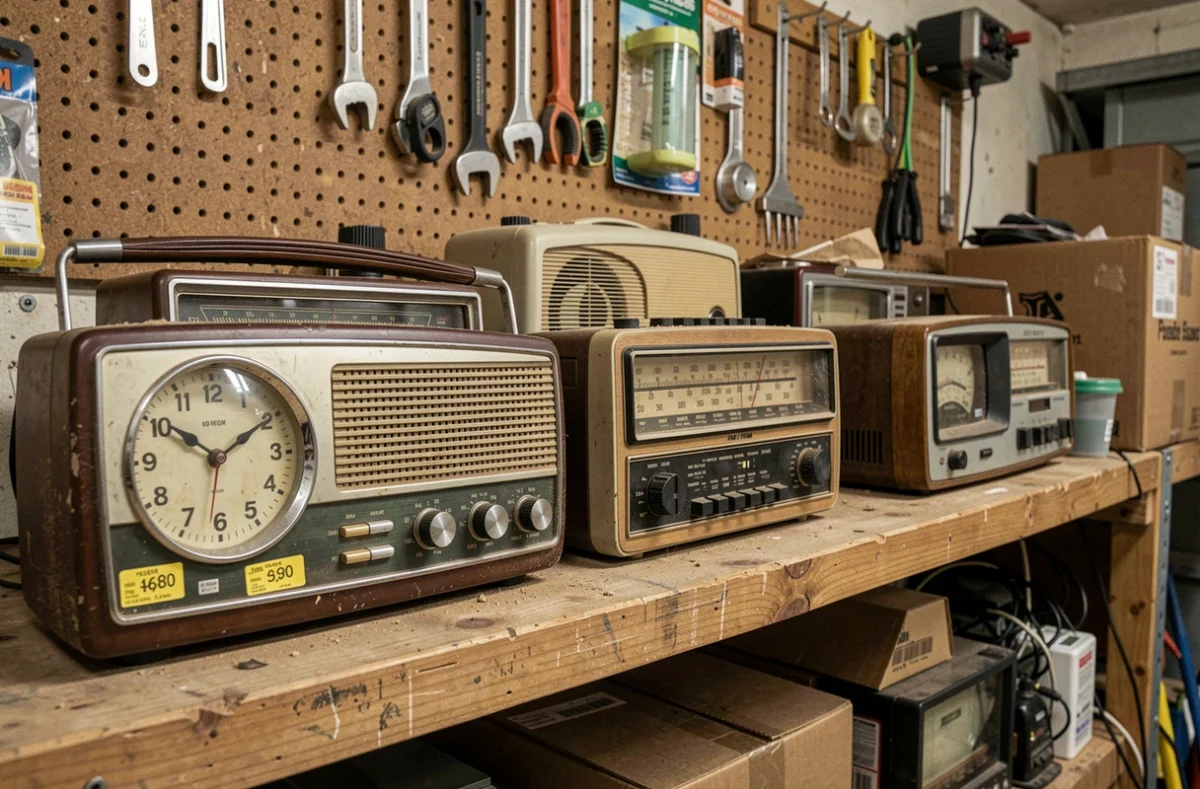 Étagère de garage encombrée avec plusieurs vieilles radios poussiéreuses de différentes époques à recycler